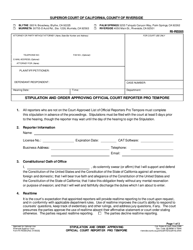 Form RI-RE005 Stipulation and Order Approving Official Court Reporter Pro TEM Pore - County of Riverside, California