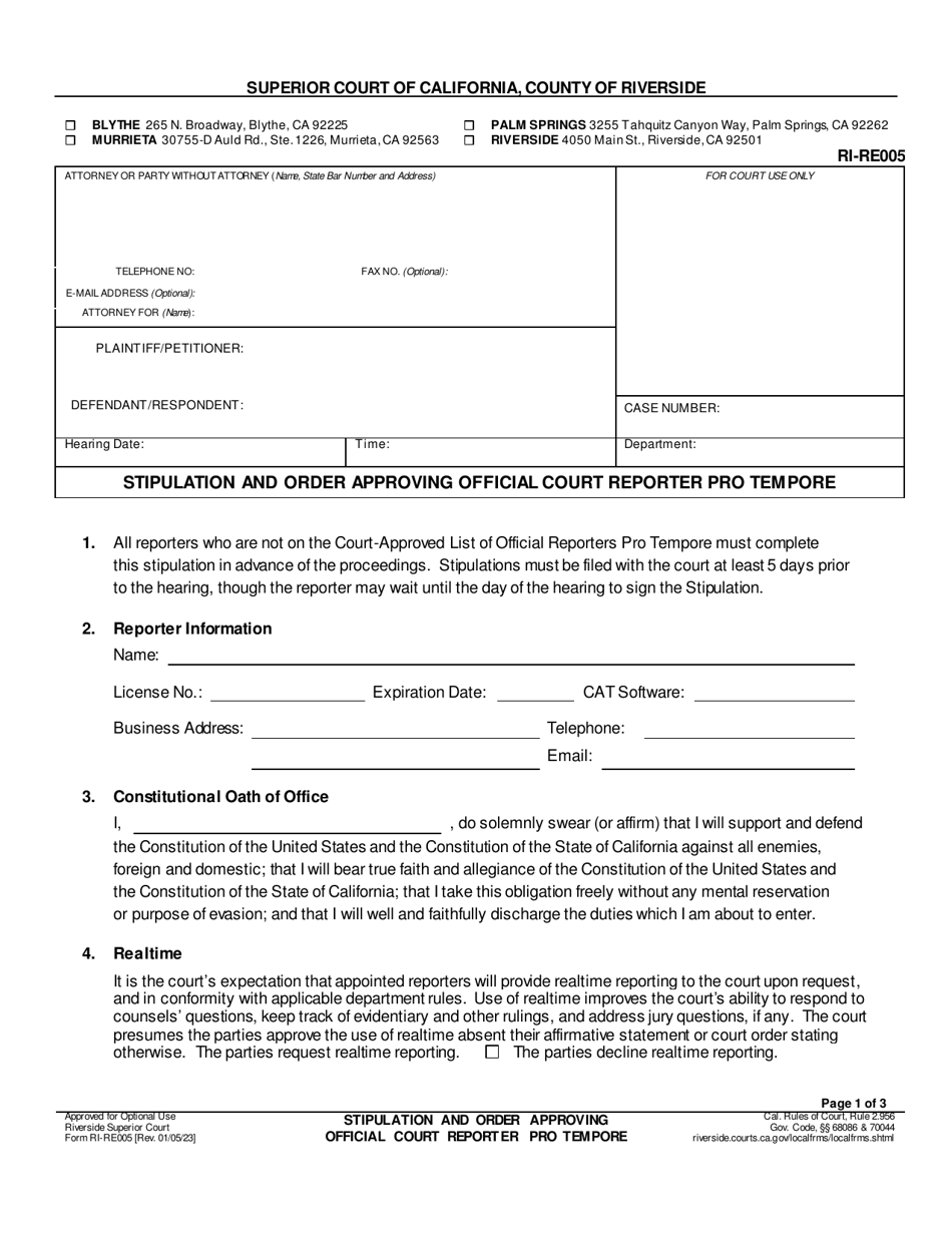 Form RI-RE005 Stipulation and Order Approving Official Court Reporter Pro TEM Pore - County of Riverside, California, Page 1