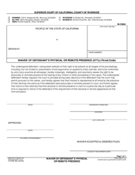 Document preview: Form RI-CR005 Waiver of Defendant's Physical or Remote Presence (977(C) Penal Code) - County of Riverside, California