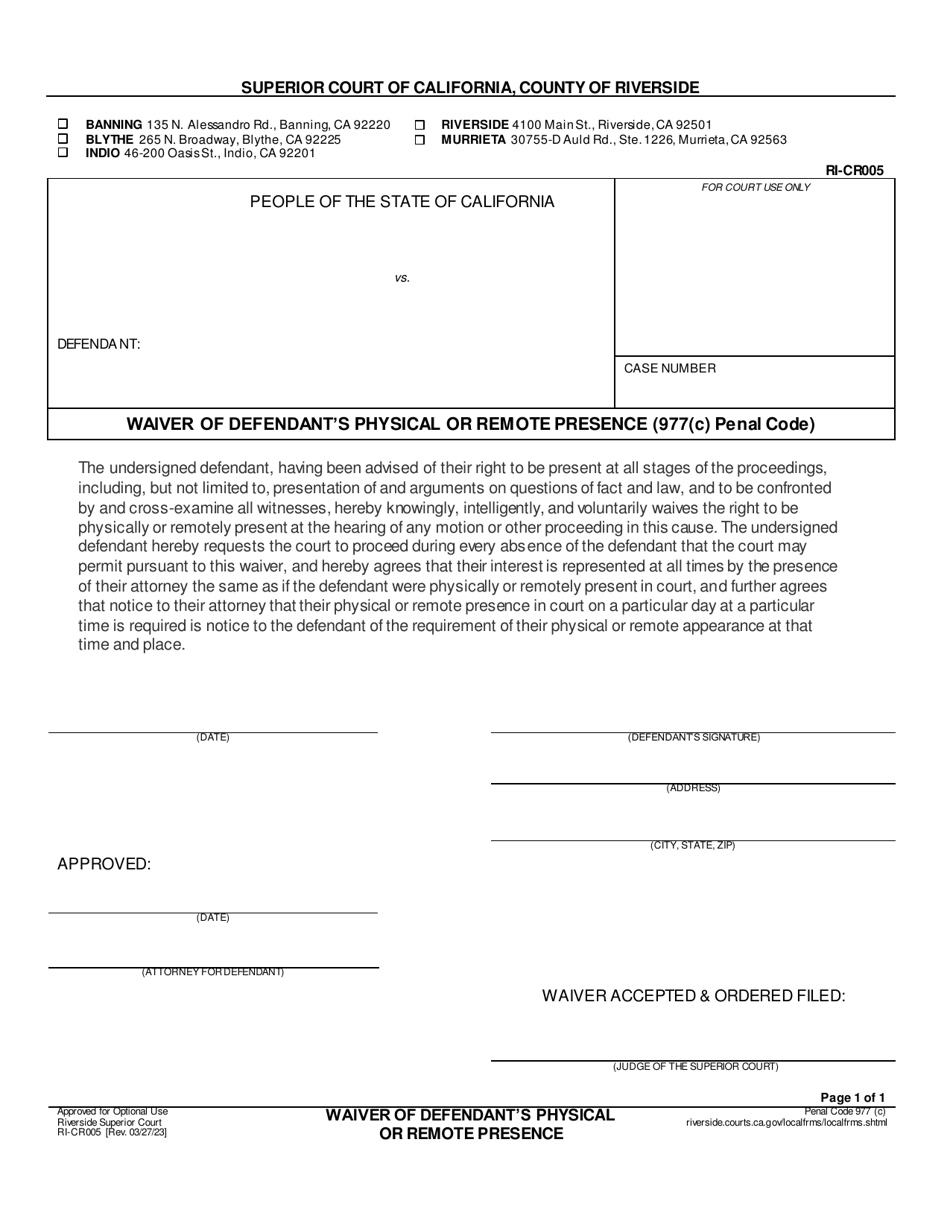 Form RI-CR005 Waiver of Defendants Physical or Remote Presence (977(C) Penal Code) - County of Riverside, California, Page 1