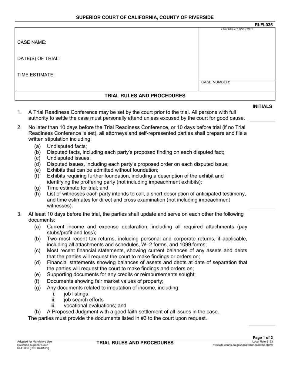 Form RI-FL035 Trial Rules and Procedures - County of Riverside, California, Page 1