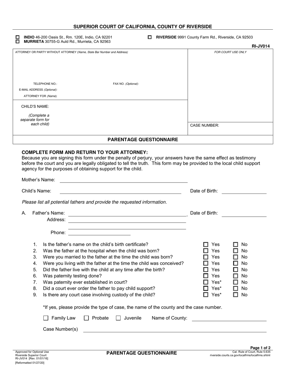 Form RI-JV014 Parentage Questionnaire - County of Riverside, California, Page 1