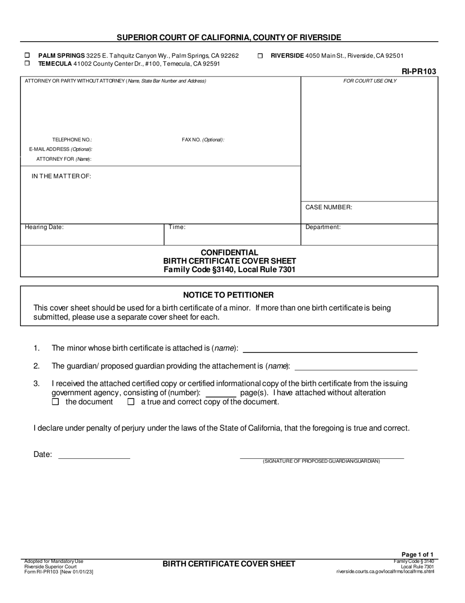 Form RI-PR103 Confidential Birth Certificate Cover Sheet - County of Riverside, California, Page 1
