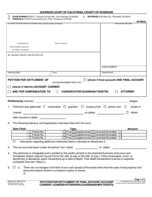 Form RI-PR033 Petition for Settlement of Account - County of Riverside, California