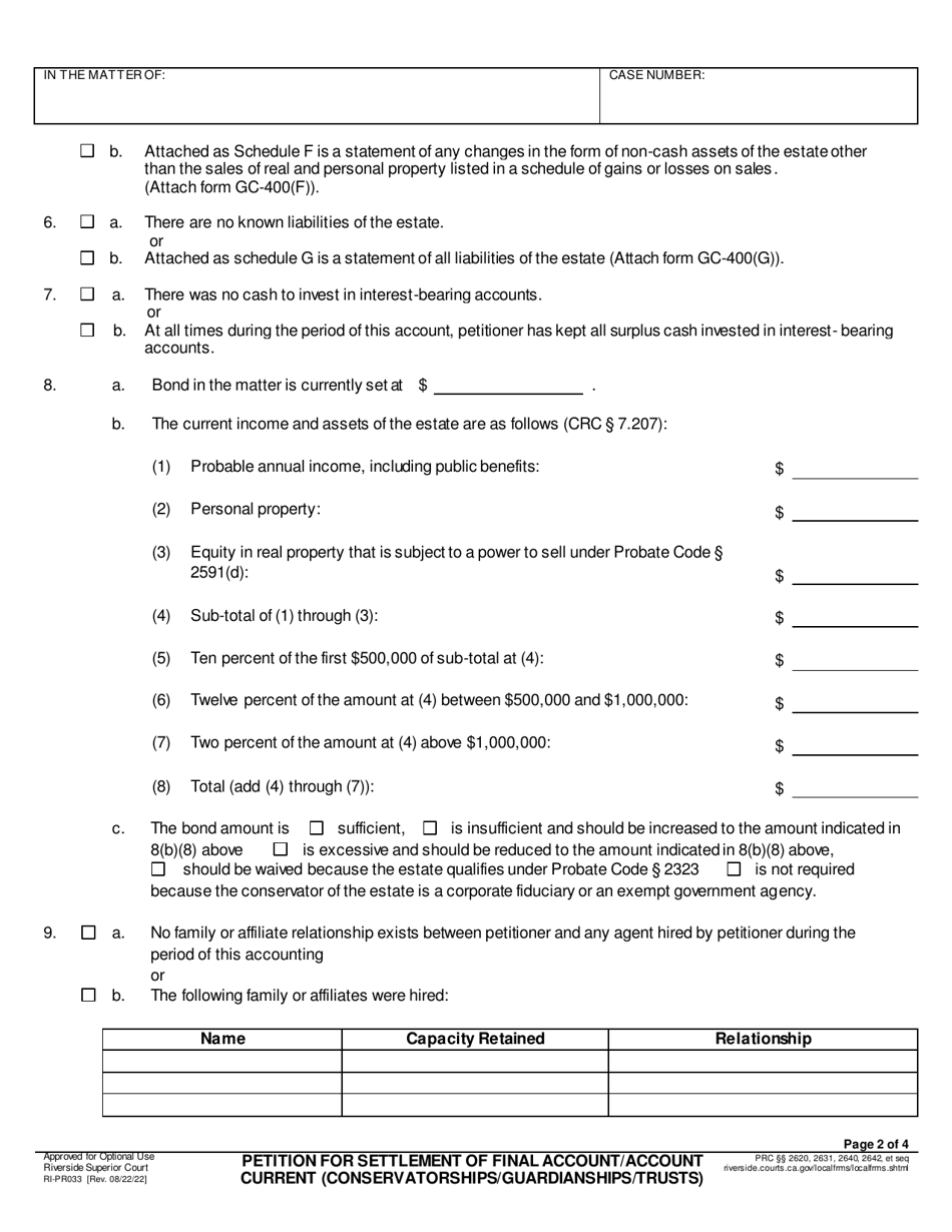 Form RI-PR033 Petition for Settlement of Account - County of Riverside, California, Page 2