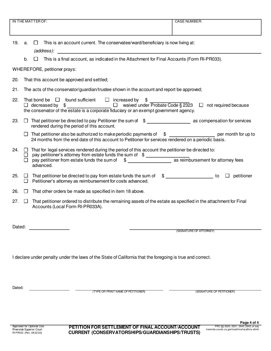 Form RI-PR033 Petition for Settlement of Account - County of Riverside, California, Page 4