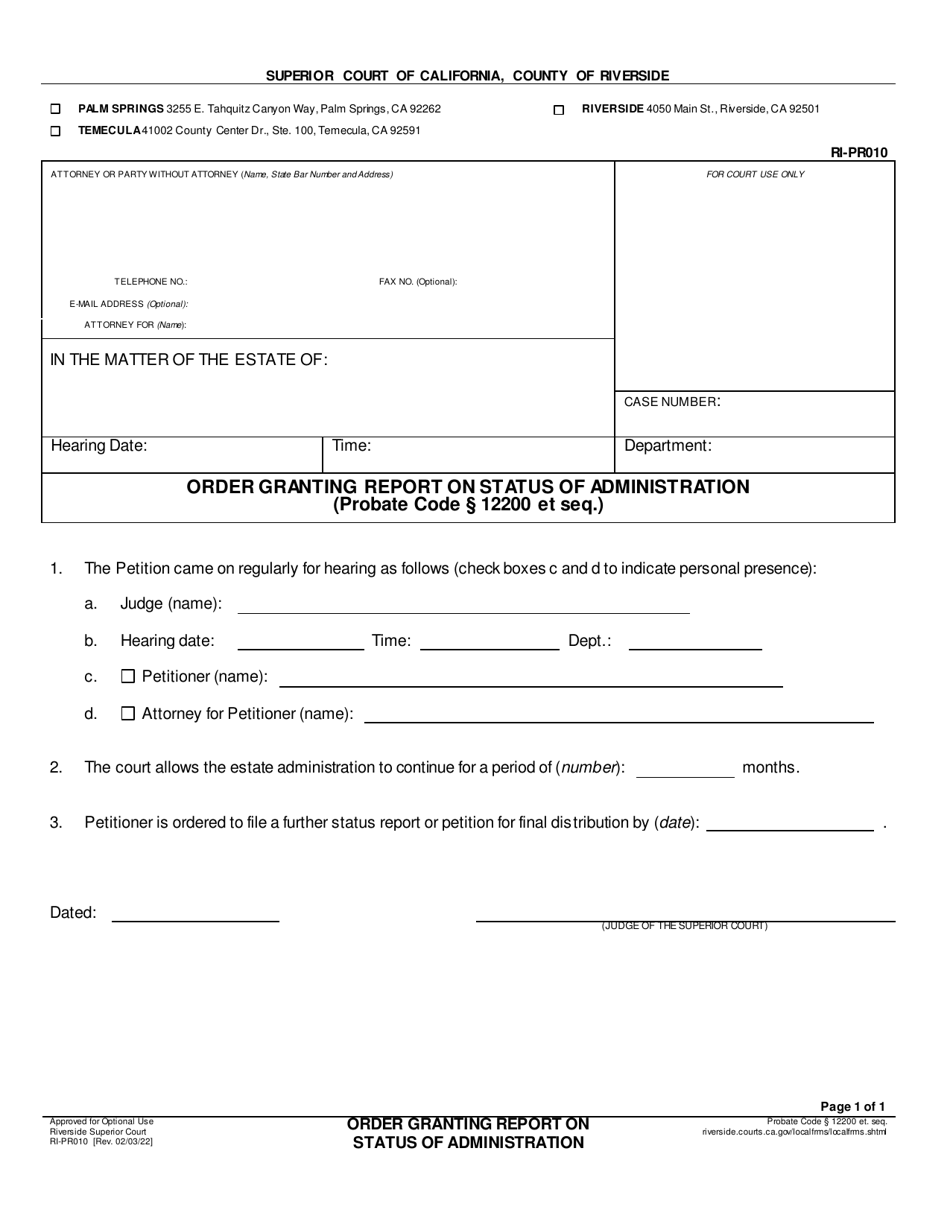 Form RI-PR010 Order Granting Report on Status of Administration - County of Riverside, California, Page 1