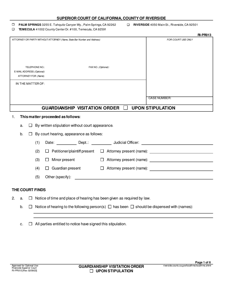 Form RI-PR013 Guardianship Visitation Order - County of Riverside, California, Page 1