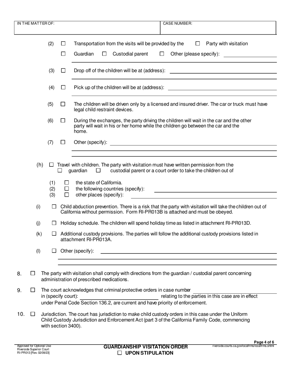 Form RI-PR013 Guardianship Visitation Order - County of Riverside, California, Page 4