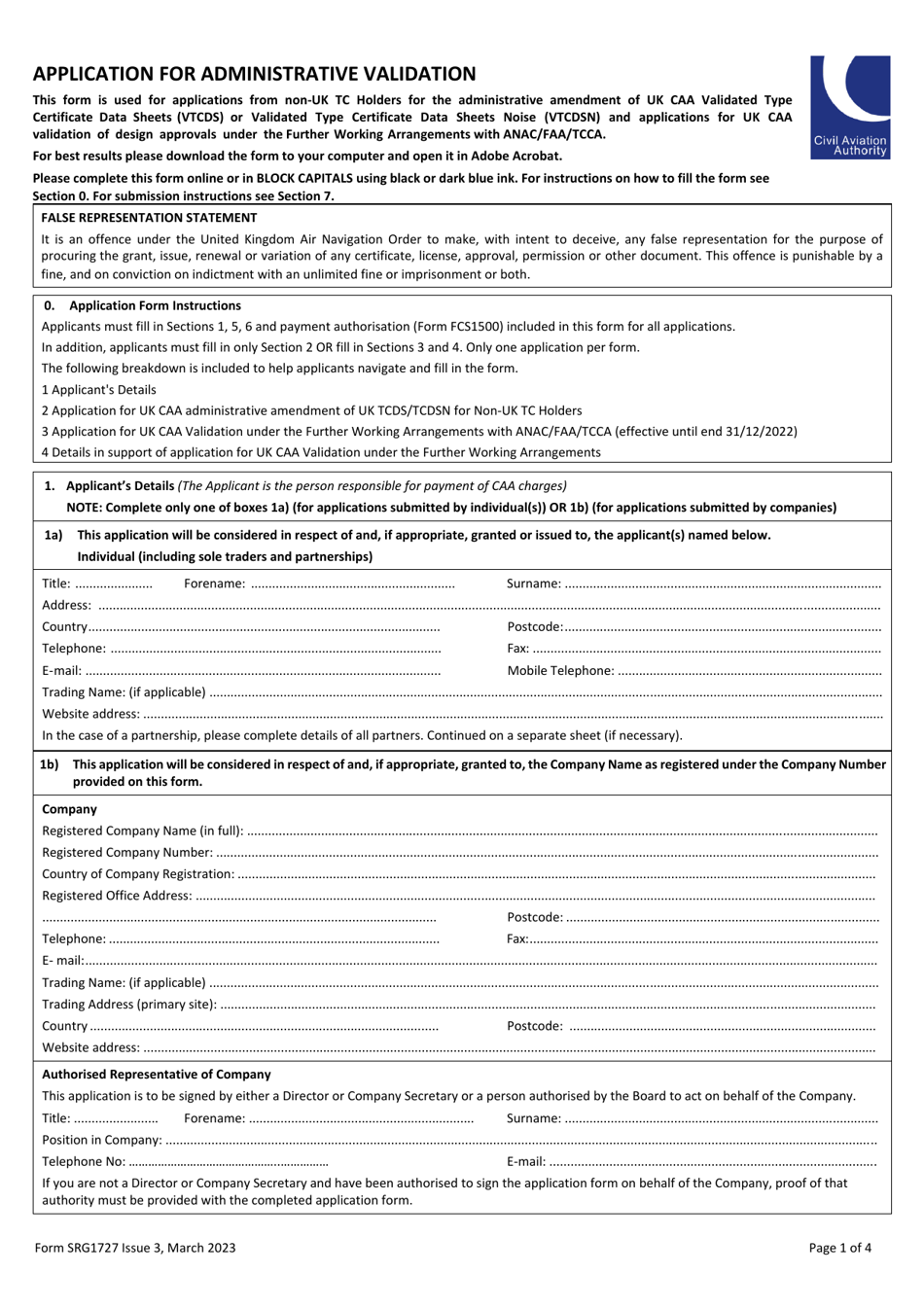 Form SRG1727 Application for Administrative Validation - United Kingdom, Page 1