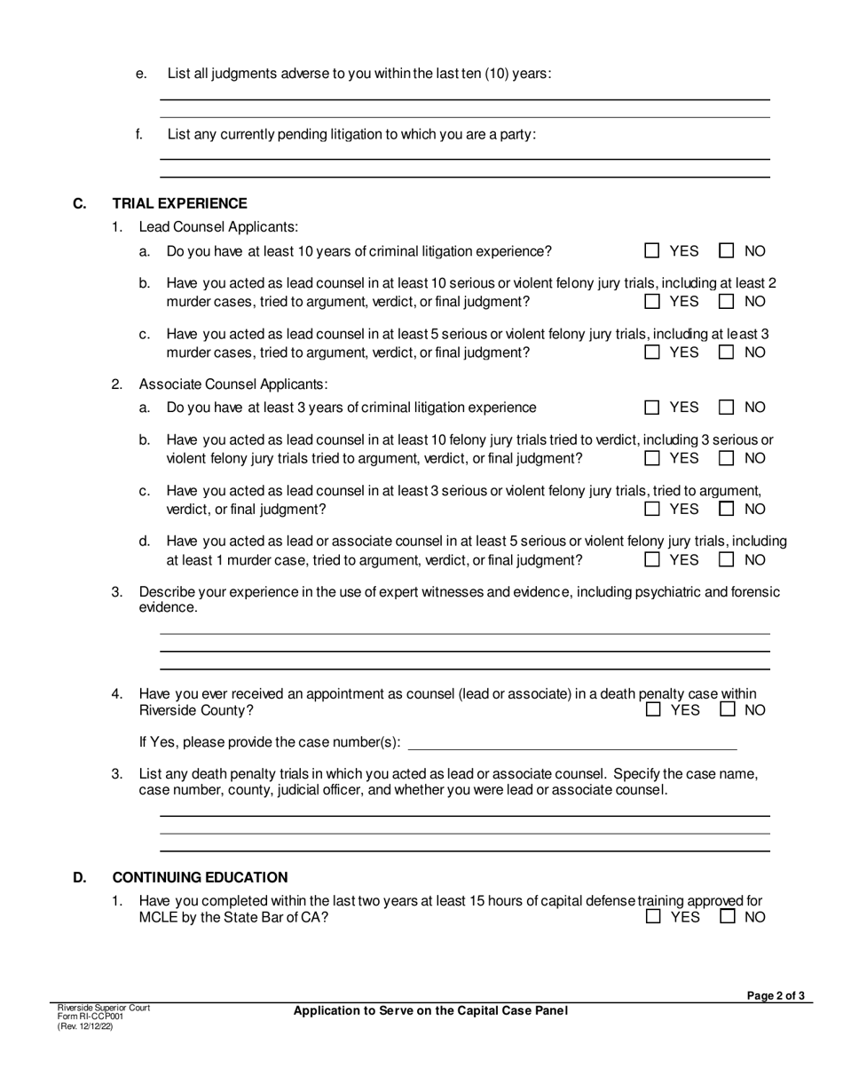 Form RI-CCP001 Application to Serve on the Capital Case Panel - County of Riverside, California, Page 2