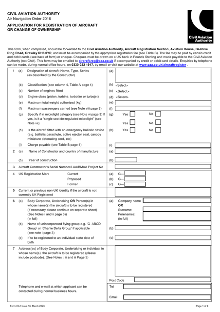 Form CA1 Application for Registration of Aircraft or Change of Ownership - United Kingdom