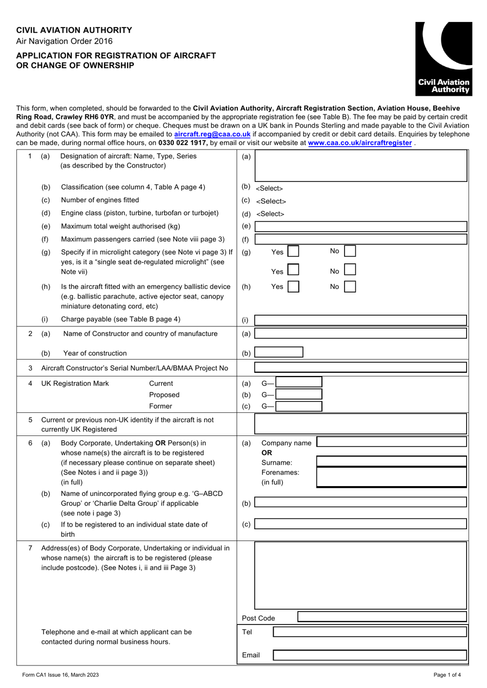 Form CA1 Application for Registration of Aircraft or Change of Ownership - United Kingdom, Page 1