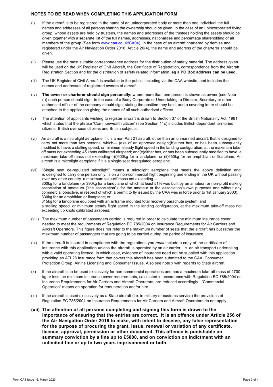 Form CA1 Application for Registration of Aircraft or Change of Ownership - United Kingdom, Page 3