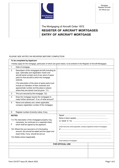 Form CA1577 Register of Aircraft Mortgages Entry of Aircraft Mortgage - United Kingdom