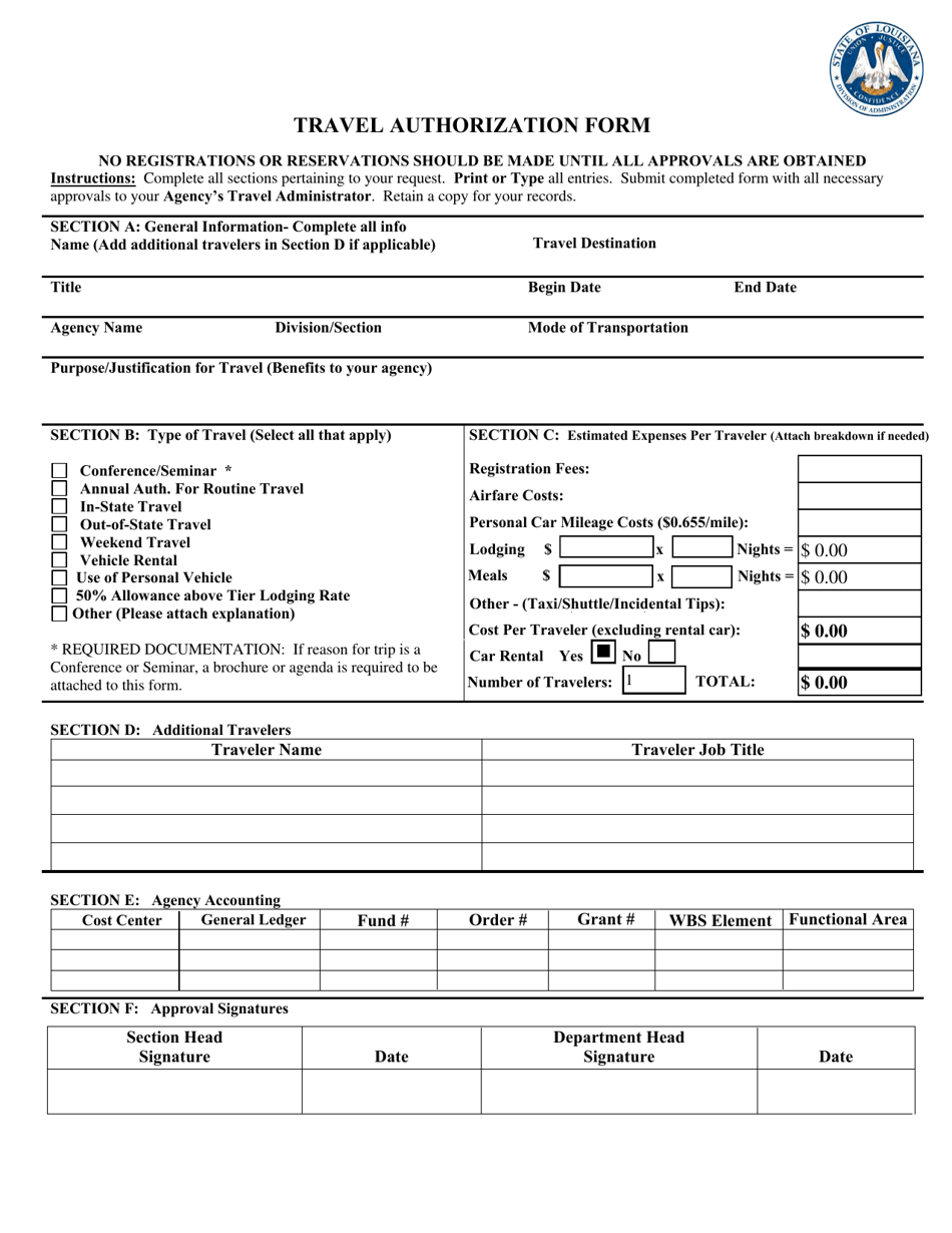 Travel Authorization Form - Louisiana, Page 1