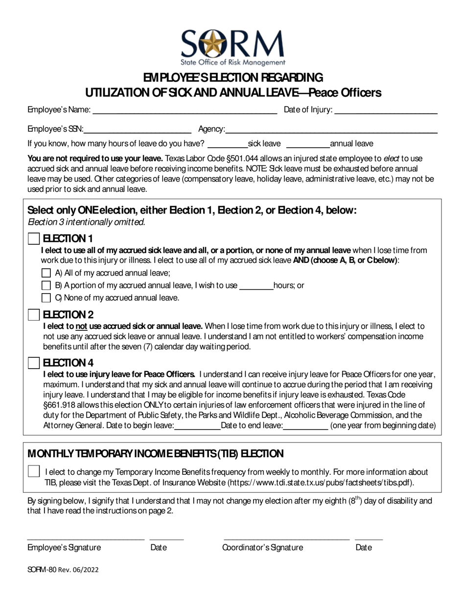 Form SORM-80 Employees Election Regarding Utilization of Sick and Annual Leave - Peace Officers - Texas, Page 1