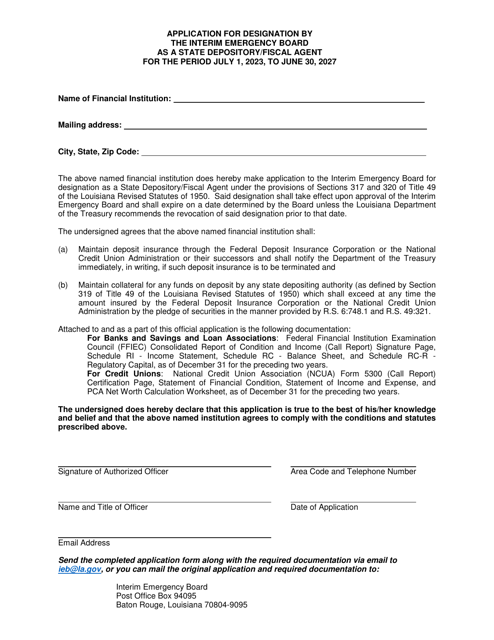 Application for Designation by the Interim Emergency Board as a State Depository / Fiscal Agent - Louisiana Download Pdf