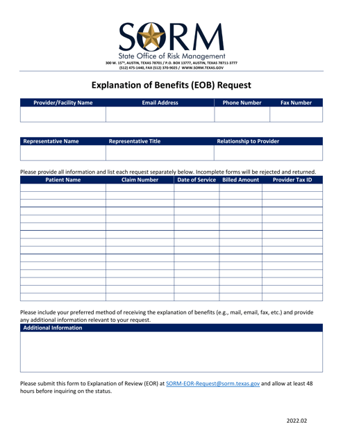 Explanation of Benefits (Eob) Request - Texas Download Pdf
