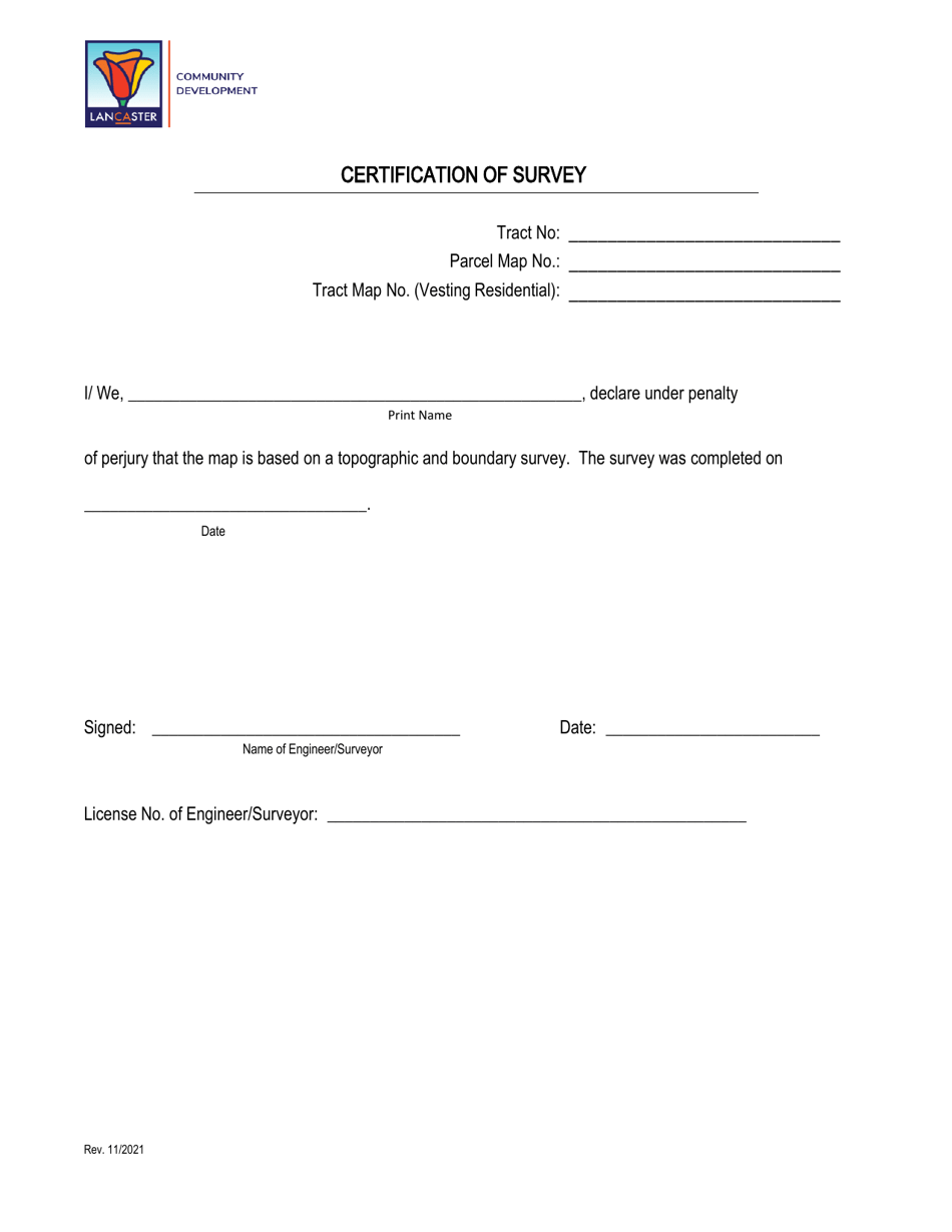 Certification of Survey - City of Lancaster, California, Page 1