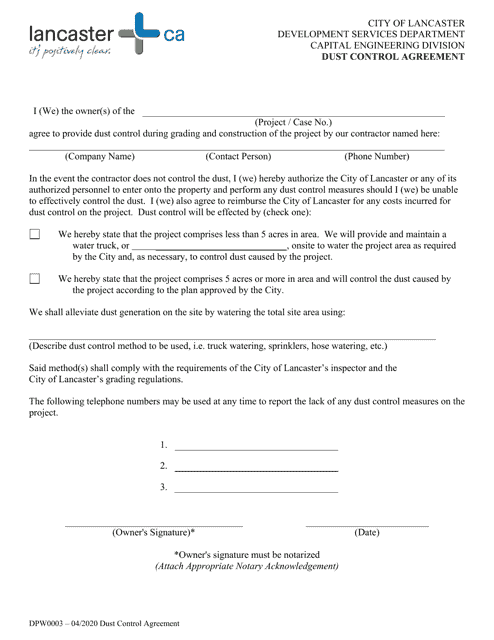 Form DPW0003 Dust Control Agreement - City of Lancaster, California