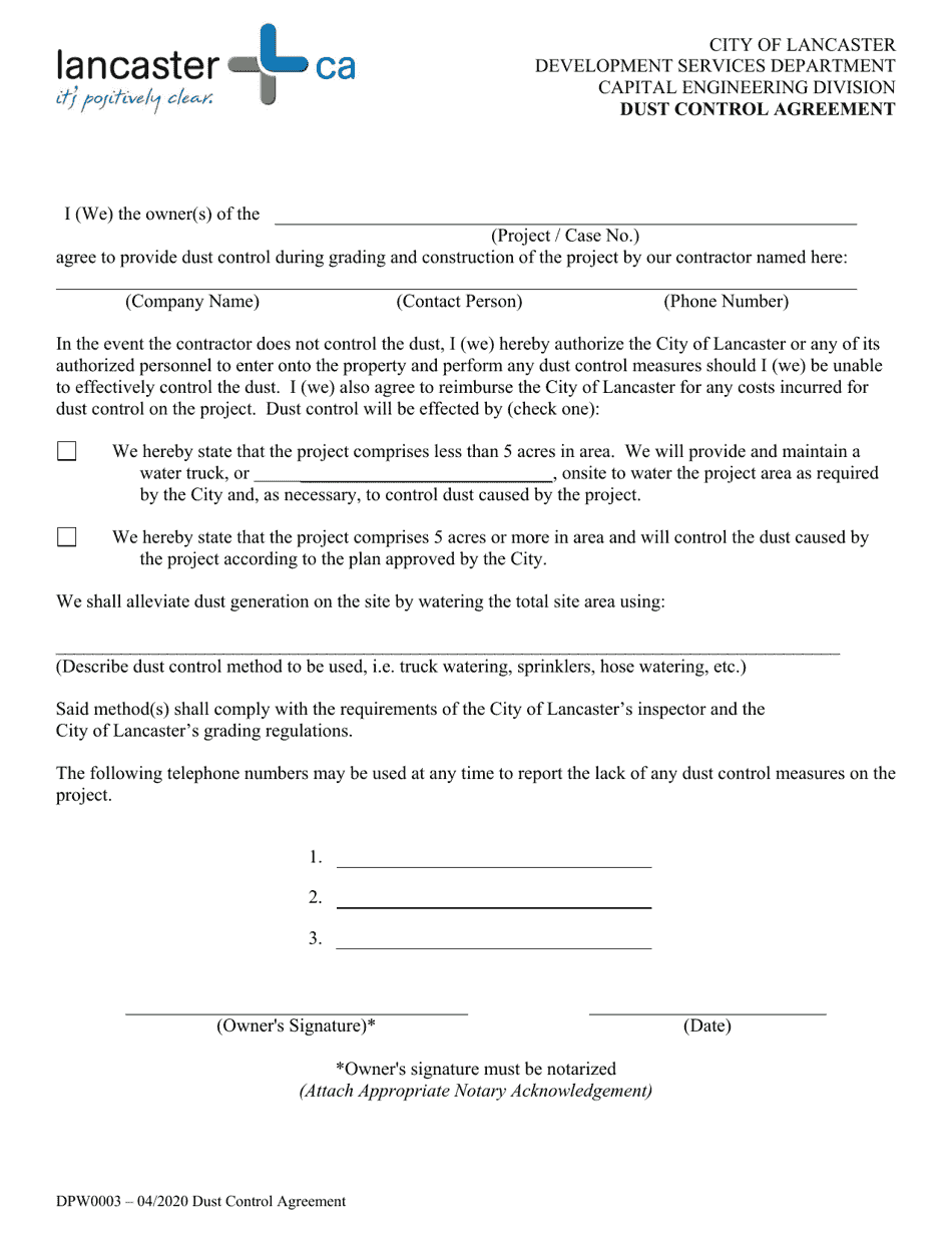 Form DPW0003 Dust Control Agreement - City of Lancaster, California, Page 1