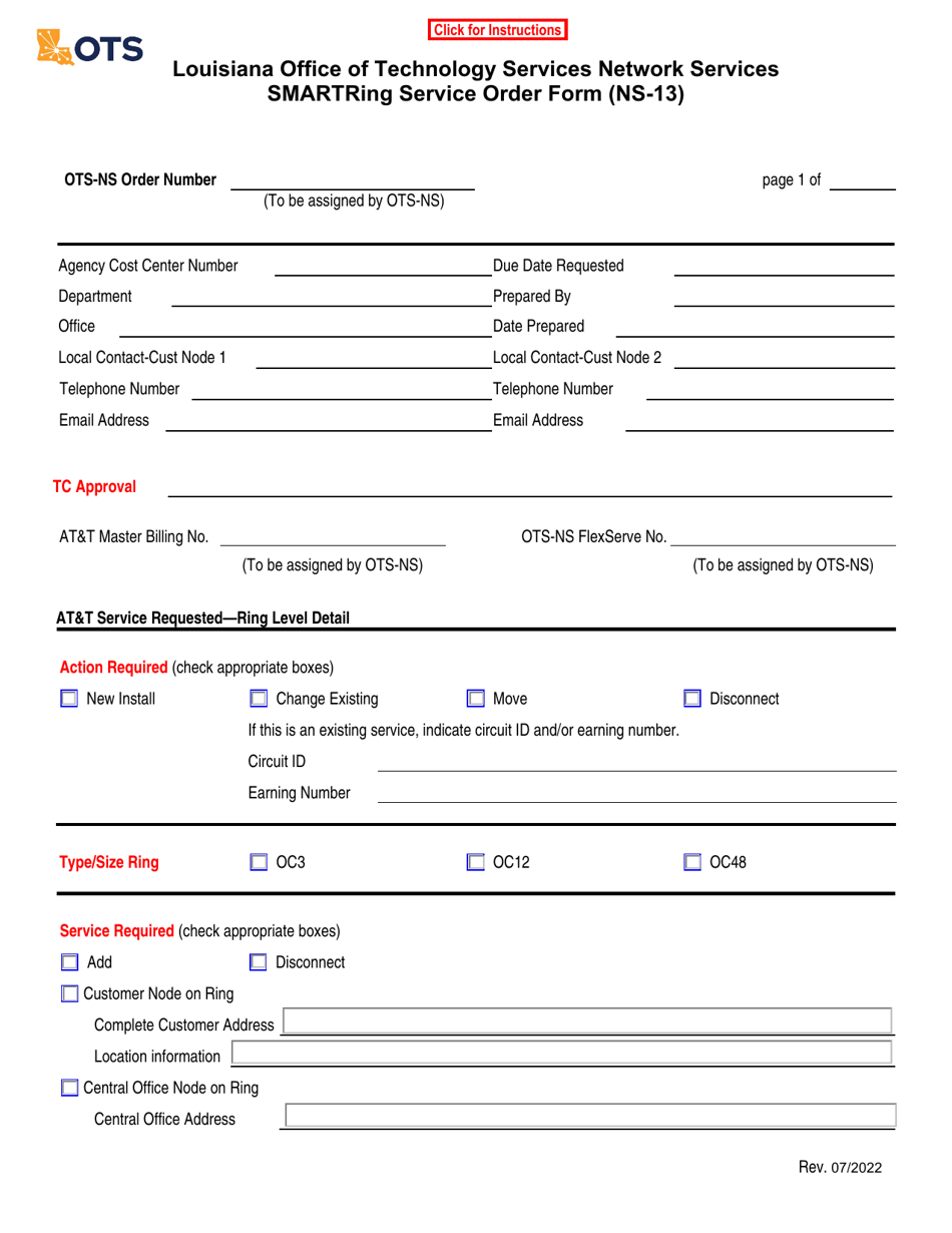 Form NS-13 Smartring Service Order Form - Louisiana, Page 1