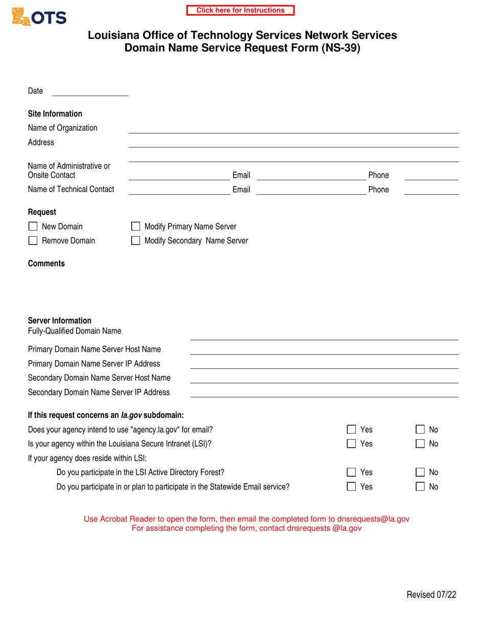 Form NS-39 Domain Name Service Request Form - Louisiana, Page 1