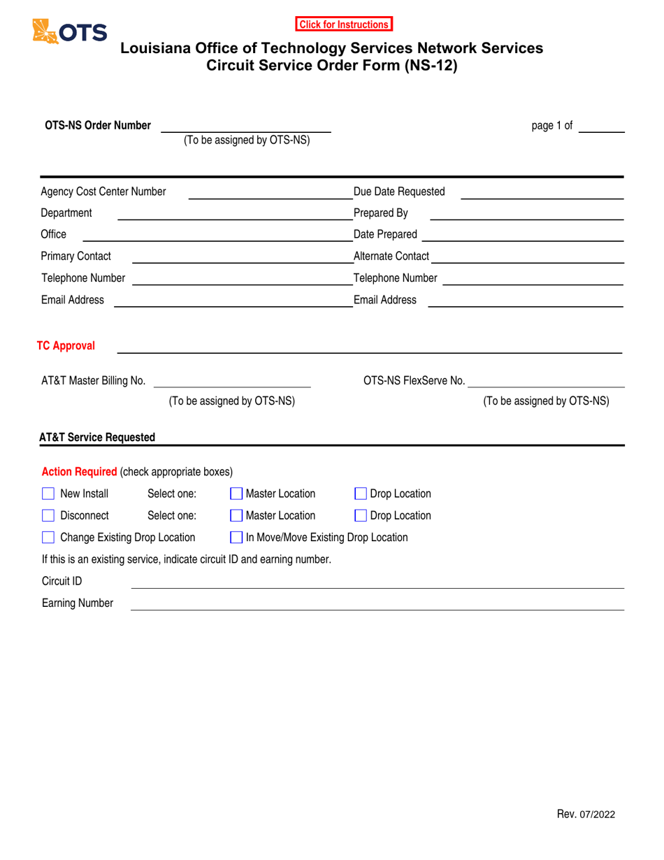 Form NS-12 Circuit Service Order Form - Louisiana, Page 1
