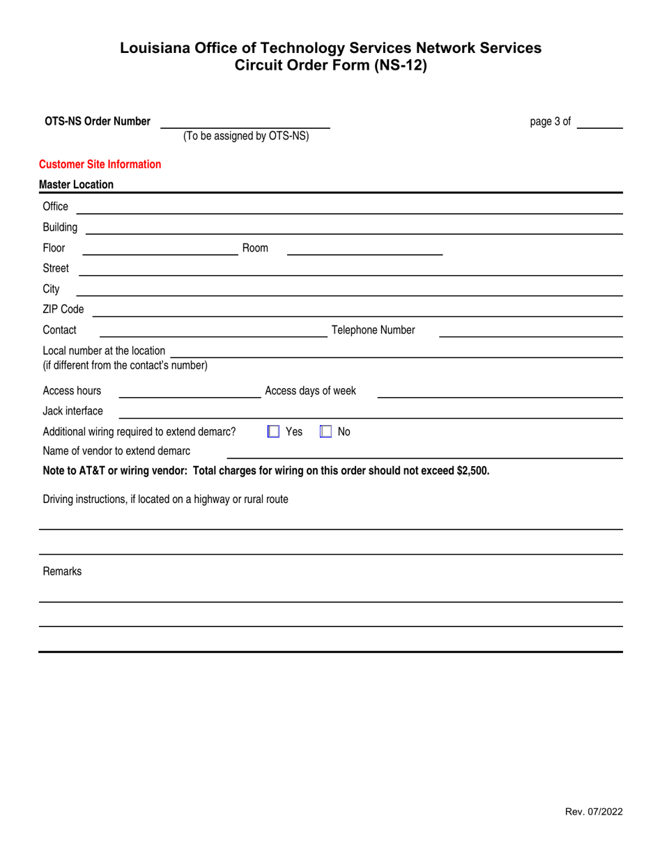 Form NS-12 Circuit Service Order Form - Louisiana, Page 3