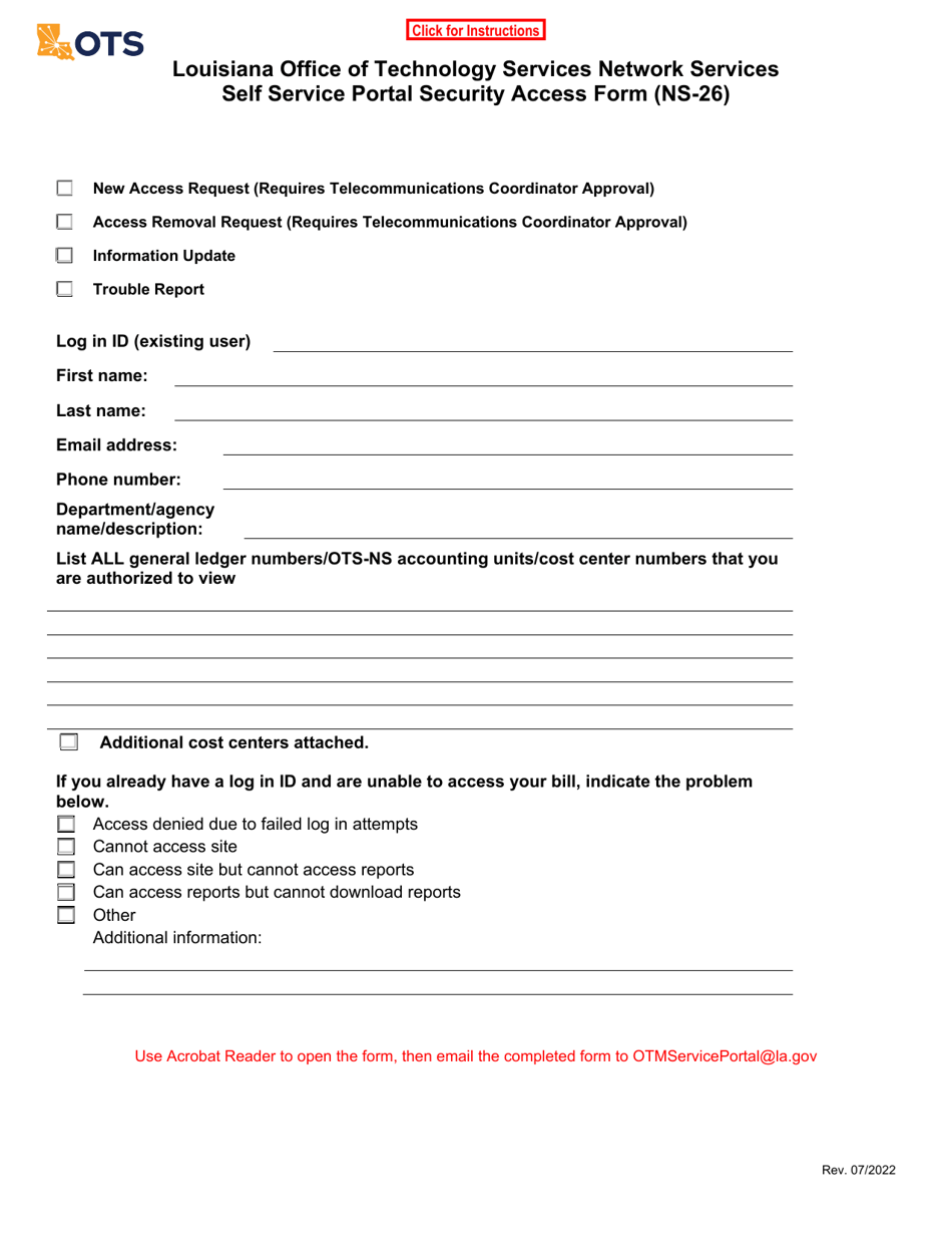 Form NS-26 Self Service Portal Security Access Form - Louisiana, Page 1