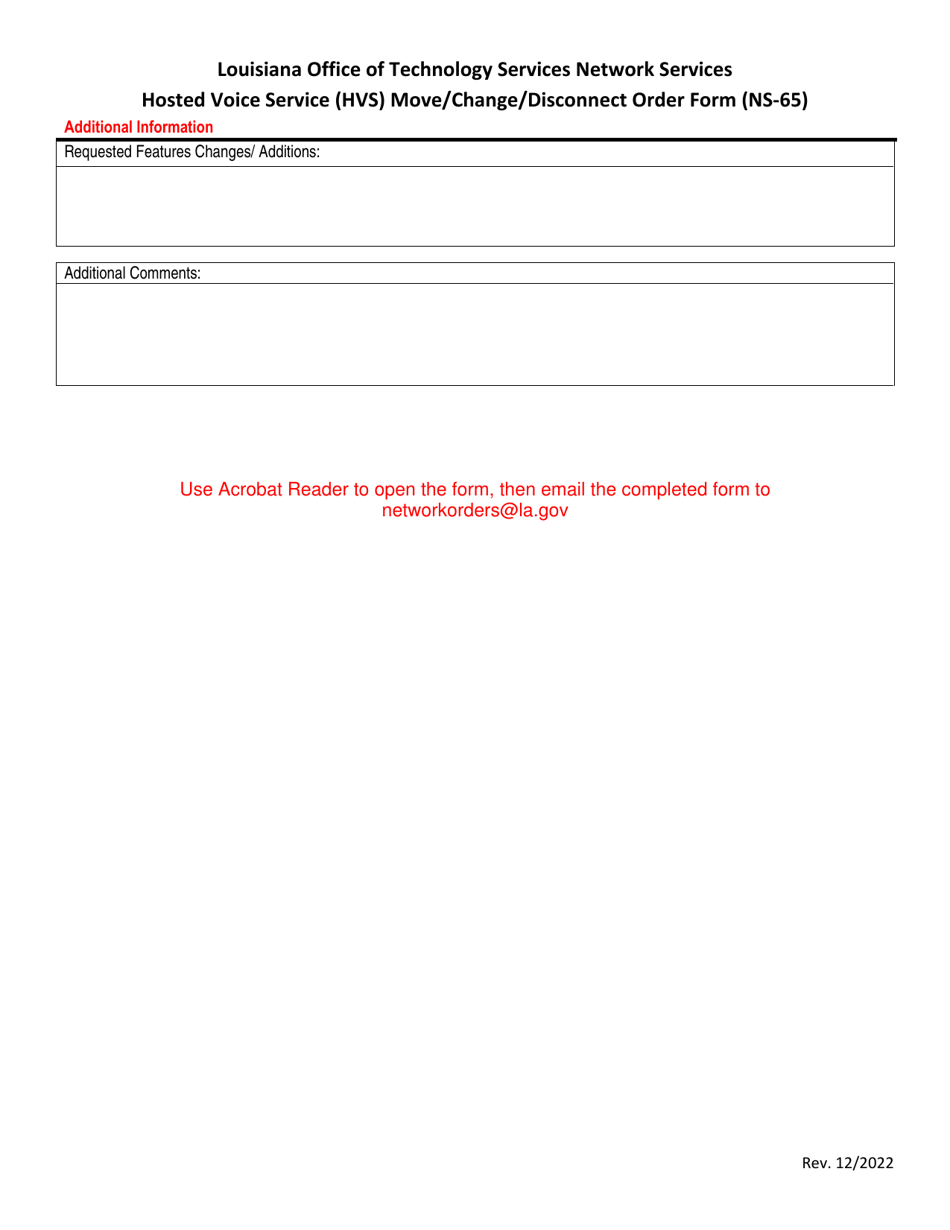 Form NS-65 Hosted Voice Service (Hvs) Move / Change / Disconnect Order Form - Louisiana, Page 2