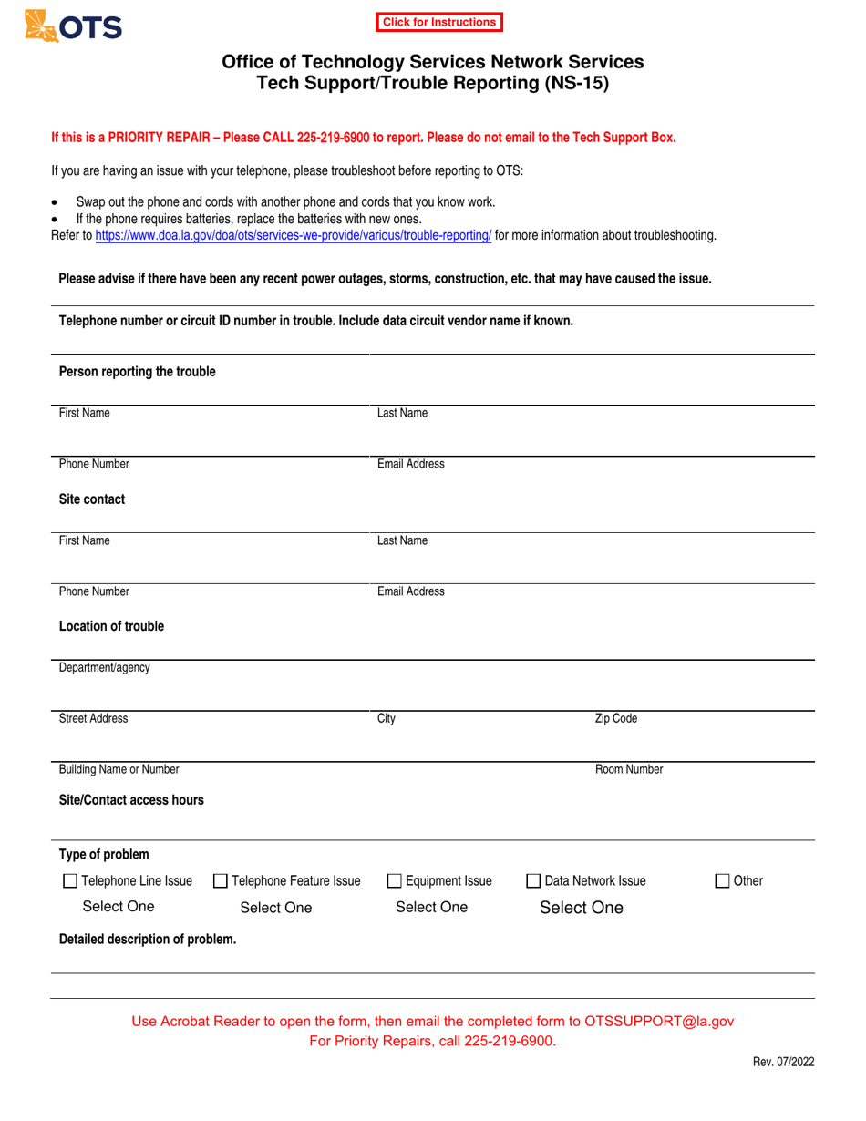 Form NS-15 Tech Support / Trouble Reporting - Louisiana, Page 1