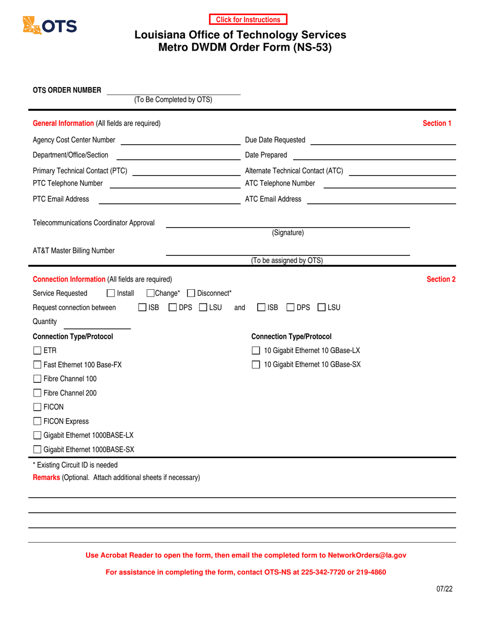 Form NS-53 Metro Dwdm Order Form - Louisiana, Page 1