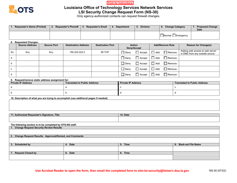 Form NS-30 Lsi Security Change Request Form - Louisiana