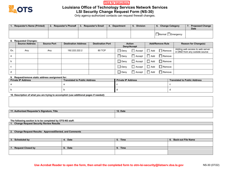 Form NS-30 Lsi Security Change Request Form - Louisiana, Page 1