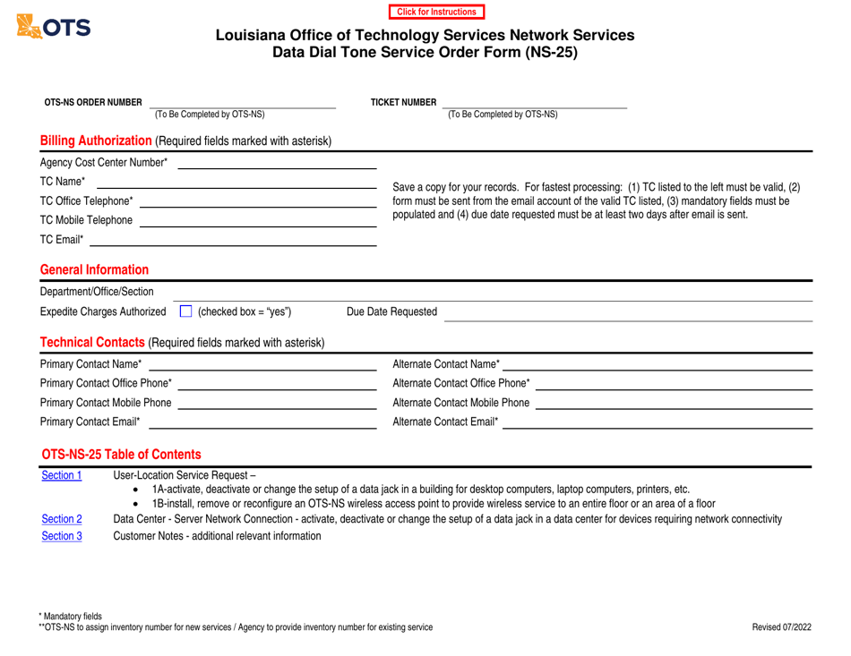 Form NS-25 Data Dial Tone Service Order Form - Louisiana, Page 1