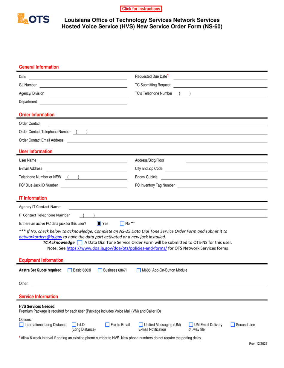 Form NS-60 Hosted Voice Service (Hvs) New Service Order Form - Louisiana, Page 1
