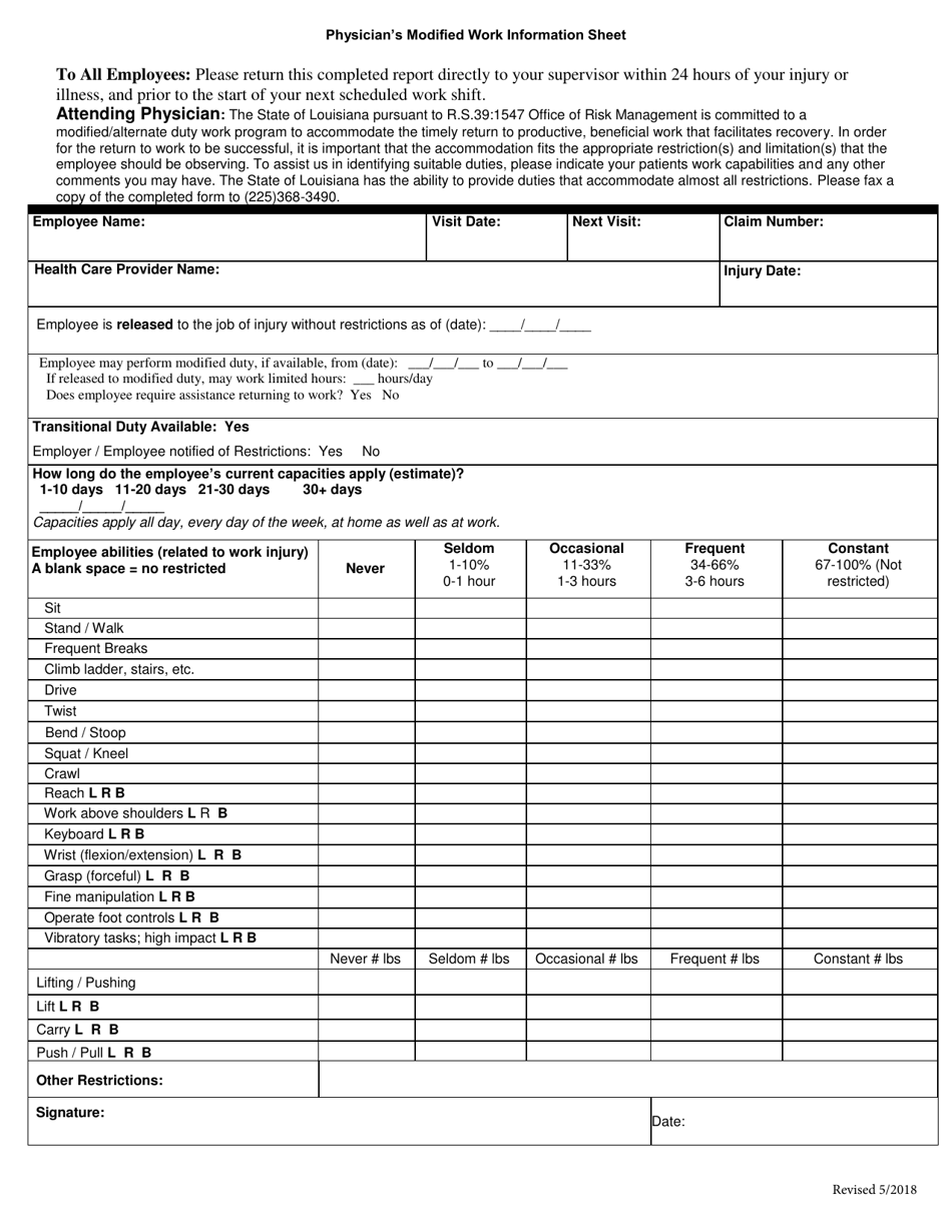 Physicians Modified Work Information Sheet - Louisiana, Page 1