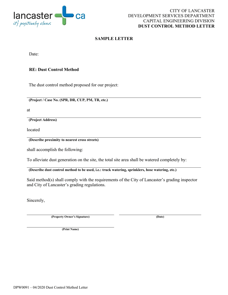 Form DPW0091 Dust Control Method Letter - City of Lancaster, California, Page 1