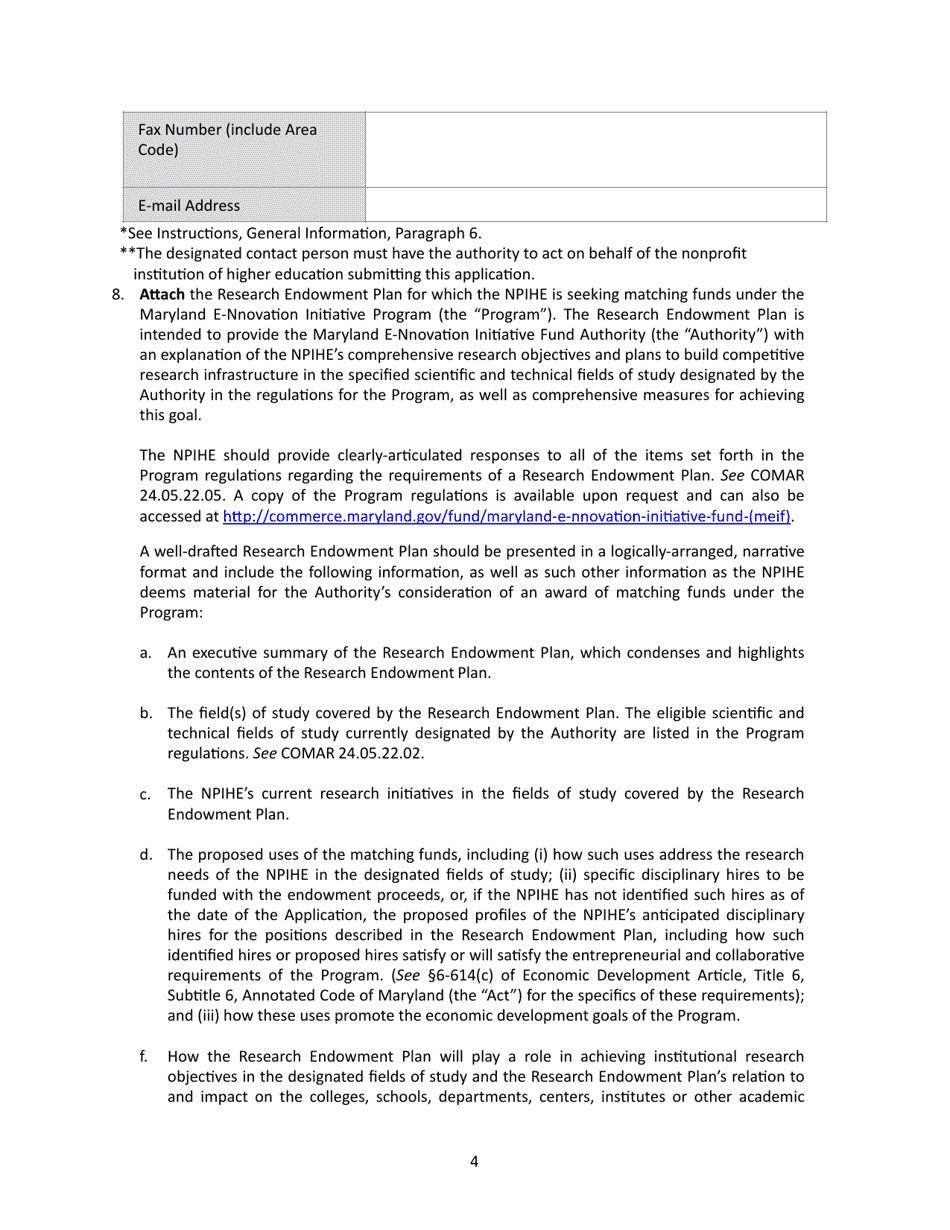 Application for Allocation of Matching Funds - Maryland E-Nnovation Initiative Program - Maryland, Page 4
