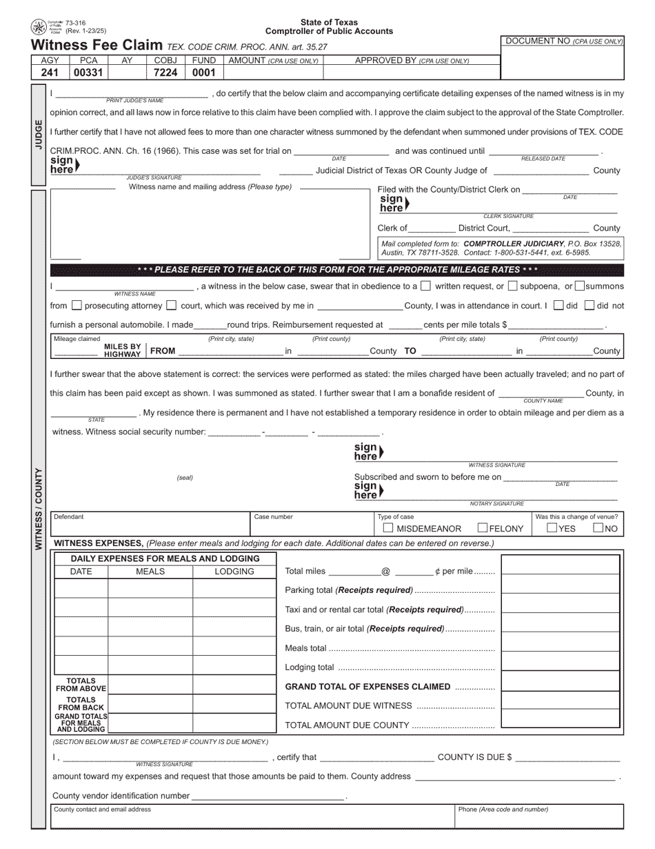 Form 73-316 Witness Fee Claim - Texas, Page 1