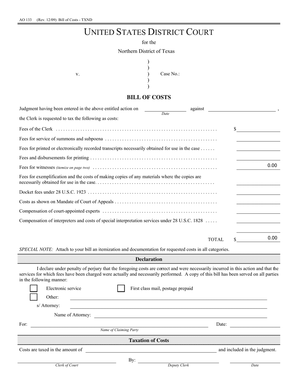 Form AO133 Bill of Costs - Texas, Page 1