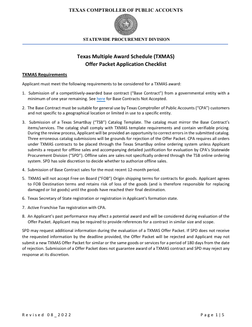 Texas Multiple Award Schedule (Txmas) Offer Packet Application Checklist - Texas Download Pdf