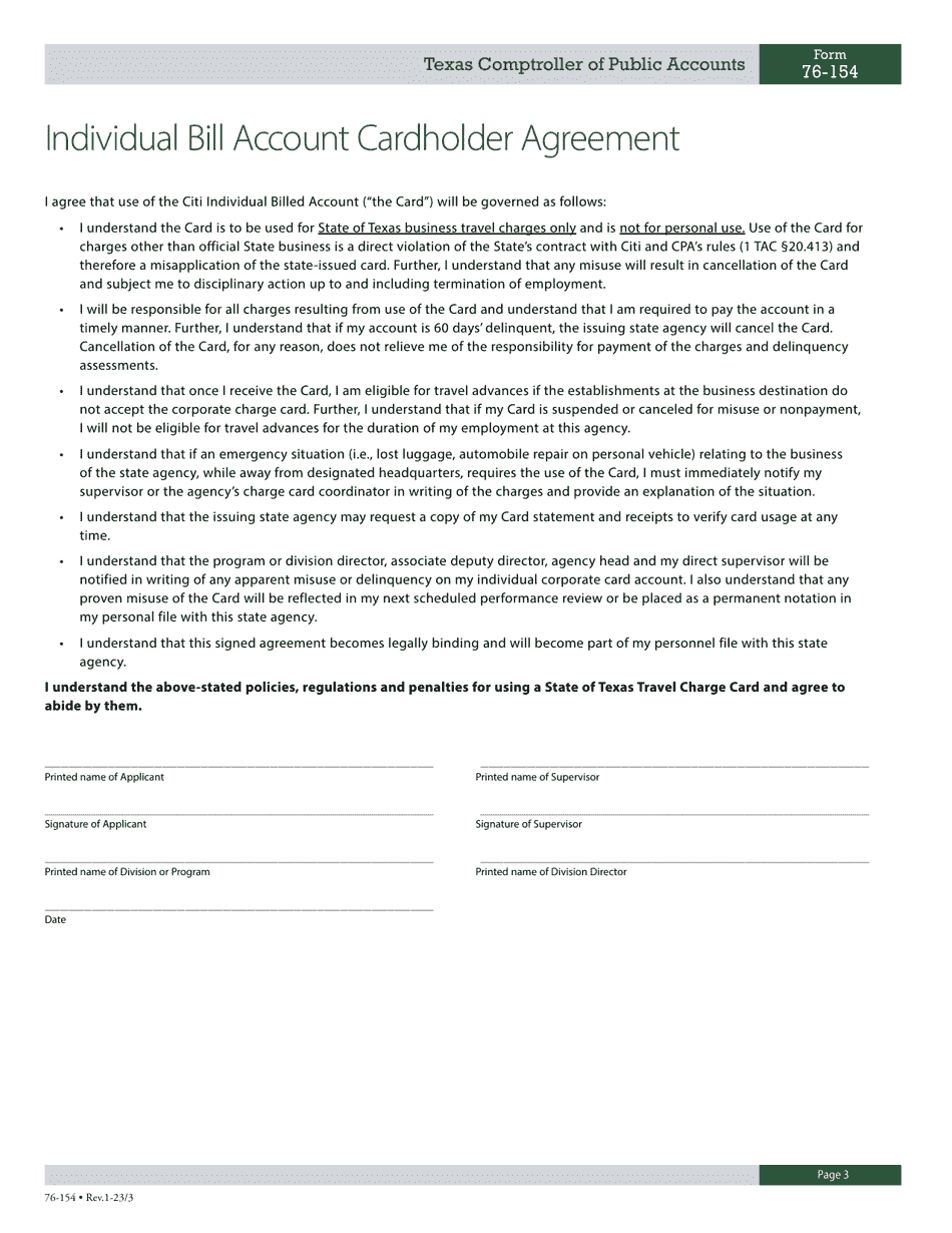 Form 76-154 Statewide Travel Charge Card Policy - Texas, Page 3