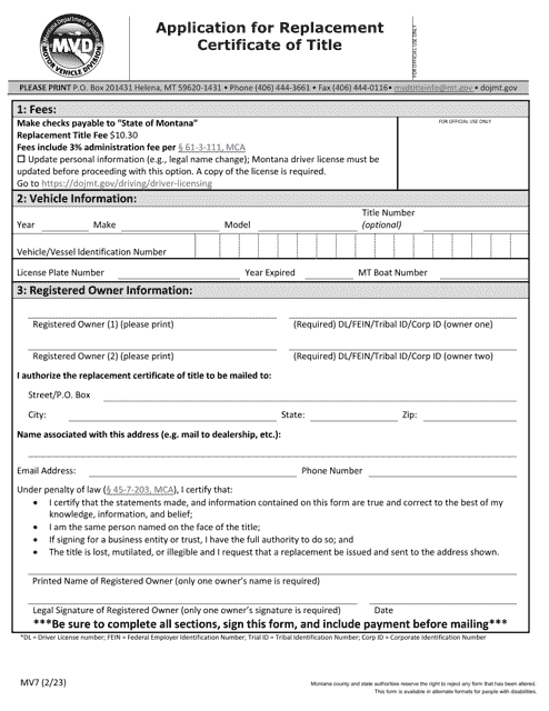 Form MV7 Application for Replacement Certificate of Title - Montana
