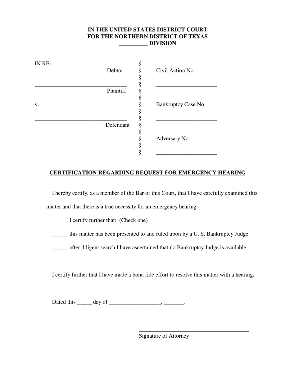 Certification Regarding Request for Emergency Hearing - Texas, Page 1