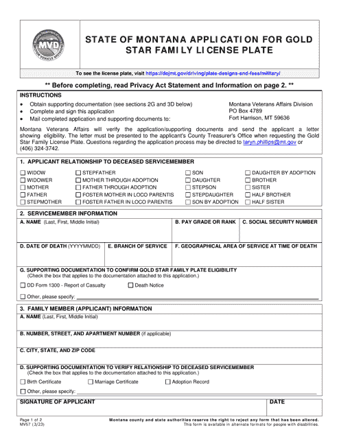 Form MV57 Application for Gold Star Family License Plate - Montana