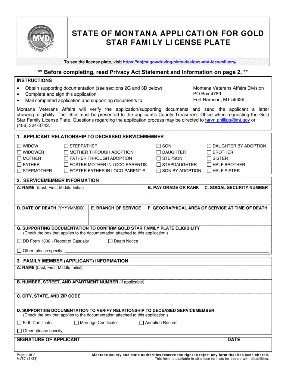 Form MV57 Application for Gold Star Family License Plate - Montana, Page 1