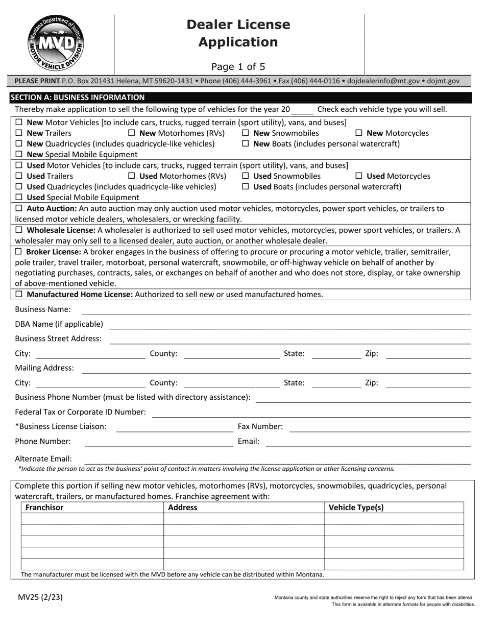 Form MV25 Download Fillable PDF or Fill Online Dealer License